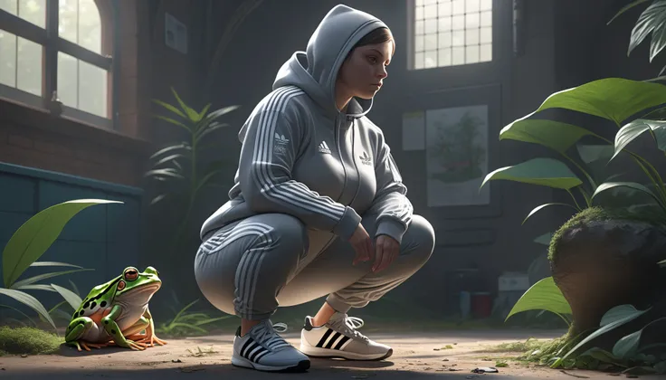 (concept art), (weeb), the Frog slavic squat fat, adidas tracksuit, (intricate details), (hyperdetailed), 8k hdr, high detailed, lot of details, high quality, soft cinematic light, atmospheric perspective,