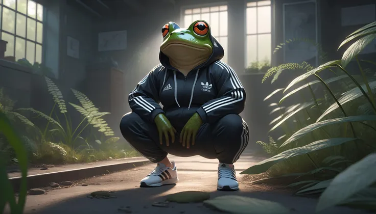 (concept art), (weeb), the Frog slavic squat fat, adidas tracksuit, (intricate details), (hyperdetailed), 8k hdr, high detailed, lot of details, high quality, soft cinematic light, atmospheric perspective,