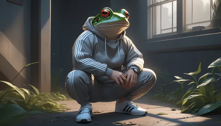 (concept art), (weeb), the Frog slavic squat fat, adidas tracksuit, (intricate details), (hyperdetailed), 8k hdr, high detailed, lot of details, high quality, soft cinematic light, atmospheric perspective,