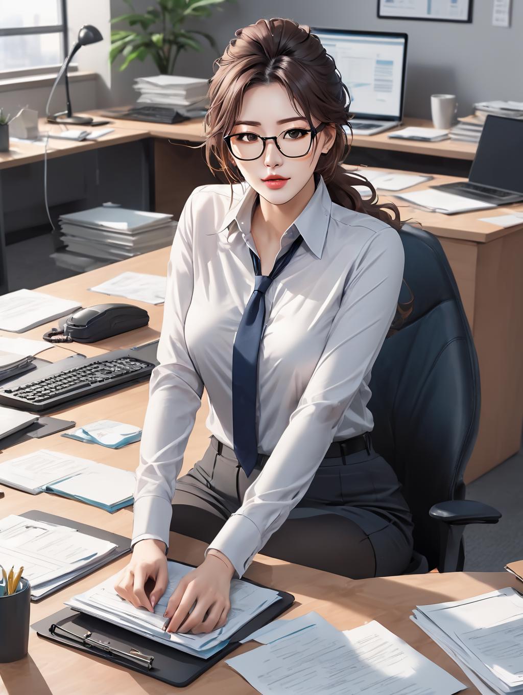 Arafed woman in glasses sitting at a desk with a laptop - SeaArt AI