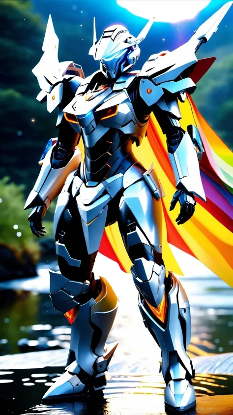 japanese mech, (realistic) solo, white mecha robot, cape, science fiction, torn clothes, glowing, standing, robot joints, mecha, armor, cowboy shot, (floating cape), intense sunlight, silver dragonborn, outdoors, landscape, nature, ((masterpiece, best quality)), volumetrics dtx, (film grain, blurry background, blurry foreground, bokeh, depth of field, sharp focus, anime style:1.3), fantasy rivers daytime, whole body, (((splash of paint))), (((colorful))), (((floating colorful paint))), goddess of death, Japanese mythology,(featuring mythical creatures), solar system, milky way, dream, fantasy, (abstract background:1.3), masterpiece, ultra realistic, 32k, extremely detailed CG unity 8k wallpaper, best quality, ((masterpiece)), (best quality), photo, realistic, extremely detailed CG unity 8k wallpaper, highly detailed, shiny skin, Depth of field, vivid color, 1girl, (skinny girl:1.3), (full body:0.6), narrow waist, rainbow skin