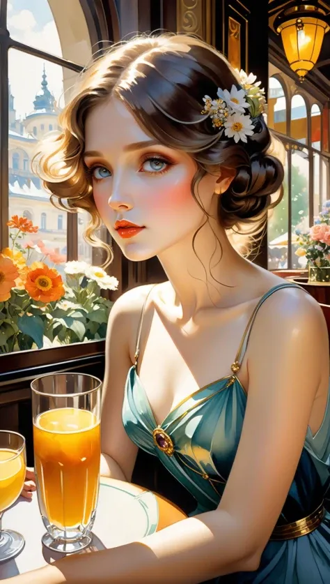 soft skin, wide eyes. watercolor, style, sketch, watercolor painting, flowers, glass, watercolor artist, a baeutiful girl sitting in a sunny European cafe with tables outside golden summer light welcoming alphonse much a gustav klimt art deco art nouveau, vintage cartoon, ghibli, Artgerm, WLOP, Alphonse Mucha dynamic lighting hyperdetailed intricately detailed Splash art trending on Artstation triadic colors Unreal Engine 5 volumetric lighting, //Lolik//<lora:xl_more_art-full_v1:0.5>