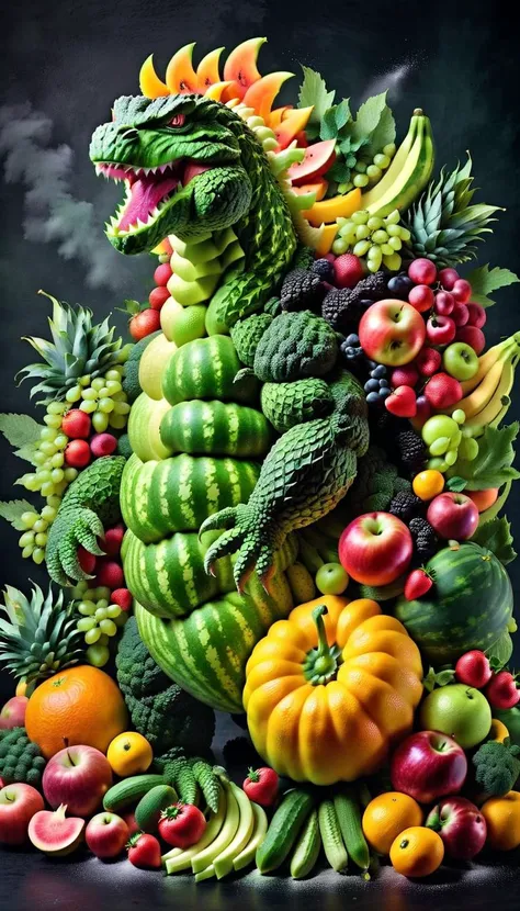 godzilla made out of fruit and vegetables, chalkdust background,