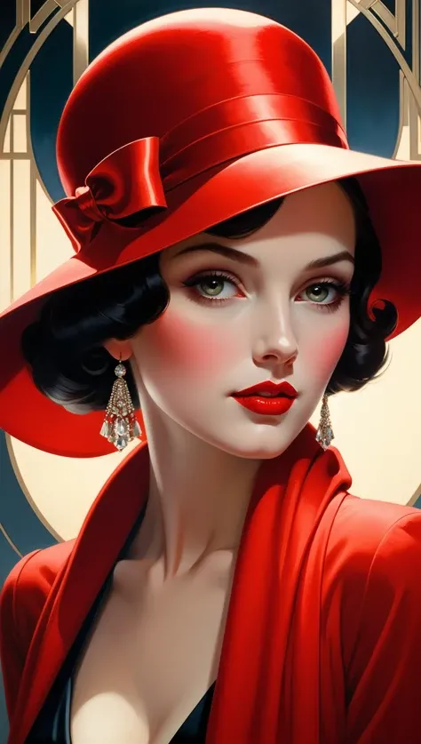 Ultra high quality masterpiece, a beautiful woman wearing a red hat and a red scarf, an art deco painting by Edwin Georgi, cgsociety, precisionism, art deco, chiaroscuro, ilya kuvshinov<lora:xl_more_art-full_v1:0.5>