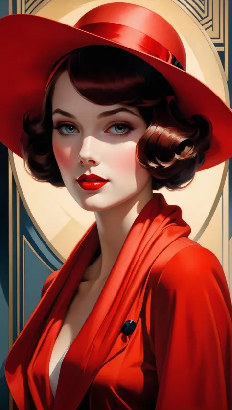 Ultra high quality masterpiece, a beautiful woman wearing a red hat and a red scarf, an art deco painting by Edwin Georgi, cgsociety, precisionism, art deco, chiaroscuro, ilya kuvshinov<lora:xl_more_art-full_v1:0.5>