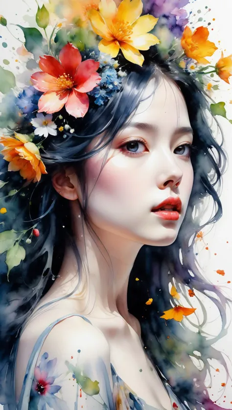 high quality, 8K Ultra HD, high detailed, Watercolor, wash technique, colorful, A painting with dripping and scattered paint, Painting like Agnes Cecile, blurry, pale touch, smudged outline, like a fairy tale, Beautiful woman made with flower colorage, expressing women using flowers and plants, cutting and combining petals and leaves, drawing women's hair and dresses using the colors and shapes of flowers, vivid colors and nature, luminism, three dimensional effect, enhanced beauty, Albert Anker, Feeling like John Howe, Greg Rutkowski, Feeling like Kyoto Animation, Artgerm, WLOP, Alphonse Beeple, luminism, Isometric, awesome full color,<lora:xl_more_art-full_v1:0.5>