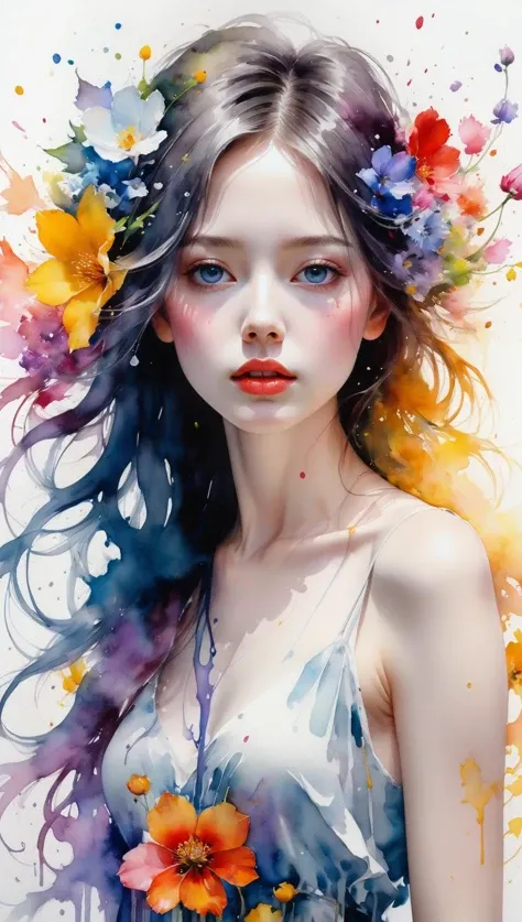 high quality, 8K Ultra HD, high detailed, Watercolor, wash technique, colorful, A painting with dripping and scattered paint, Painting like Agnes Cecile, blurry, pale touch, smudged outline, like a fairy tale, Beautiful woman made with flower colorage, expressing women using flowers and plants, cutting and combining petals and leaves, drawing women's hair and dresses using the colors and shapes of flowers, vivid colors and nature, luminism, three dimensional effect, enhanced beauty, Albert Anker, Feeling like John Howe, Greg Rutkowski, Feeling like Kyoto Animation, Artgerm, WLOP, Alphonse Beeple, luminism, Isometric, awesome full color,<lora:xl_more_art-full_v1:0.5>