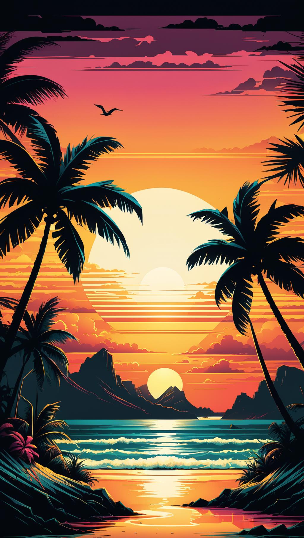 A sunset scene with palm trees and a beach - SeaArt AI