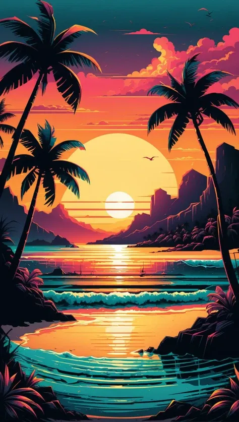 musical tropical vector illustration of sunset on the beach, in the style of Dan Mumford, vintage aesthetics, compositions inspired by nature, dark and gloomy landscapes, tropical landscapes<lora:xl_more_art-full_v1:0.5>