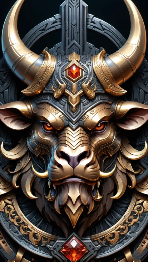 A close up of a minotaur wearing an amulet, symmetrical epic art, symmetrical portrait, in style of art, highly detailed art, ornate dramatic bat wing amulet, detailed digital 2d art, dan mumford and alex grey style, intricate armor, in the style dan mumford artwork, symmetric concept art, face of an armored villain, cyberpunk<lora:xl_more_art-full_v1:0.5>