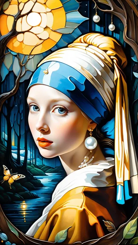 "Girl with a Pearl Earring", fantasy realism, double exposure, two parts in one art, full copy, masterpiece reproduction, pale skin, yellow and blue and orange and white color palette, complex colors, Craola, Dan Mumford, Andy Kehoe, patchwork, stained glass, night, forest, fireflies, detailed sky, cotton clouds, 2d, flat, cute, adorable, vintage, art on a cracked paper, . storybook detailed illustration, cinematic, ultra highly detailed, tiny details, beautiful details, mystical, luminism, vibrant colors<lora:xl_more_art-full_v1:0.5>