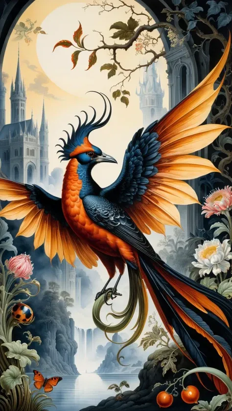 art by Maria Sibylla Merian surrealism and fantasy with a distinct gothic undertone using traditional painting techniques to create highly detailed and darkly atmospheric scenes that encompass elements of mysticism. dramatic lighting and elaborate textures bring depth and mood to the paintings and the subjects often appear otherworldly and ethereal with enigmatic expressions and an aura of mystery and decay. ultra highly detailed, detailed digital painting, highly detailed, intricated, intricated pose, clarity, high quality, Watercolor, trending on artstation, sharp focus, studio photo, intricate details, highly detailed, by greg rutkowski<lora:xl_more_art-full_v1:0.5>