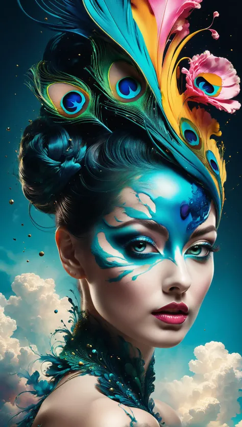 photorealistic Artwork by Alberto Seveso. Peacock. Oil paint splashes. Glowing clouds. Cosmic space background. Texture. Loose drawing style. complicated details Cinematic light show Octane Number Show, Konstantin Raumov . highly detailed, lifelike, precise, accurate. highly detailed, lifelike, precise, accurate<lora:xl_more_art-full_v1:0.5>
