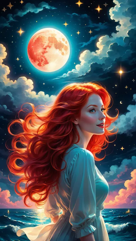 space, happy red-haired beautiful woman, magical, wandering and imaginary world, neon light art, in the dark of night, moonlit seas, clouds, moon, stars, colorful, detailed, storybook illustration, night, moonlight<lora:xl_more_art-full_v1:0.5>