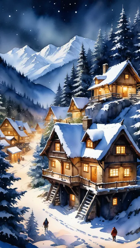Snowy forest village at night, Watercolor, trending on artstation, sharp focus, studio photo, intricate details, highly detailed, by greg rutkowski<lora:xl_more_art-full_v1:0.5>