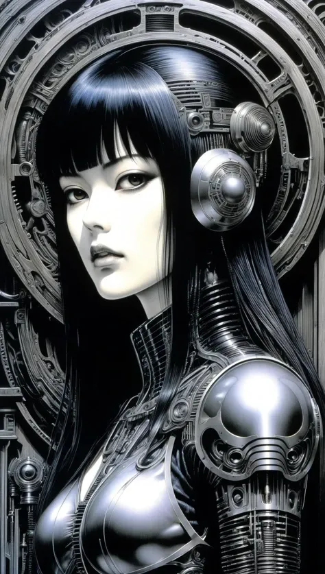 heroine, technowave, dystopian, noir, engraved, woodwork, dark art, scifi, graphite, by J. S. G. Boggs, manga drawing, junji ito, SATOU Hirohisa, kazuo umezu, KATSUHIRO OTOMO, hr giger, gustave dore, Bernie Wrightson, Masamune Shirow<lora:xl_more_art-full_v1:0.5>