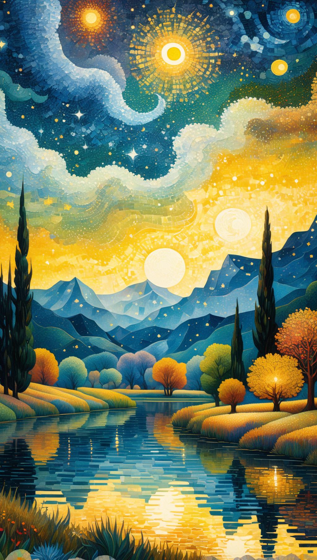 A painting of a lake with trees and mountains in the background - SeaArt AI
