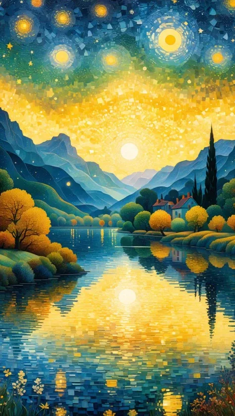 Serene Celestial Symphony: Double exposure, magical masterpiece, supreme quality, detailed panorama blending the pointillism of Seurat with the vivid color palette of Van Gogh, 2D, tranquil, vintage serenity, art on cracked paper, patchwork, celestial dreamscape, storybook detailed illustration, cinematic, ultra-highly detailed, tiny harmonious details, mystical, intricate starry sky background, breathtaking<lora:xl_more_art-full_v1:0.5>
