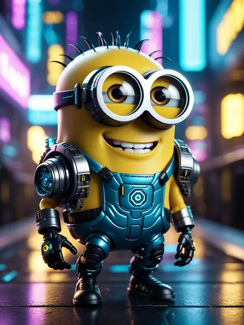 cinematic photo cyberpunk \(minions film\), Kevin as a tiny cyberpunk cyborg, big grin, full body, dynamic pose, futuristic, cybernetically enhanced, cinematic, ultra detailed, intricate, professional, photorealistic <lora:xl_more_art-full_v1:0.5> . 35mm photograph, film, bokeh, professional, 4k, highly detailed