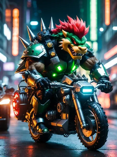 cinematic photo of cyberpunk Bowser \(Mario\) on a silver sci-fi armored cybernetic bicycle at night, dynamic pose, detailed eyes, green-shelled, red hair, spikes, tiny horns, bushy eyebrows, open mouth, hi-tech, deep shadows, vibrant, crisp, sleek, ultramodern, cinematic, ultra detailed, professional, cyberpunk theme <lora:xl_more_art-full_v1:0.5> . 35mm photograph, film, bokeh, professional, 4k, highly detailed