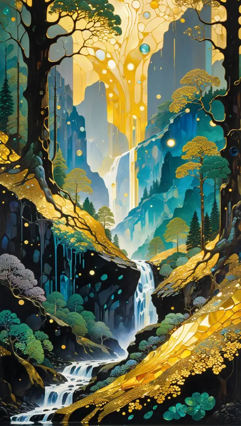 liquid chrome, liquid gold wet on wet, ultra highly detailed, cinematic, Mountain forest, Broken Glass effect, energy, molecular, textures, iridescent and luminescent scales, breathtaking beauty, pure perfection, divine, vivid colors, John Gilbert, by Gustav Klimt, by Bill Watterson<lora:xl_more_art-full_v1:0.5>