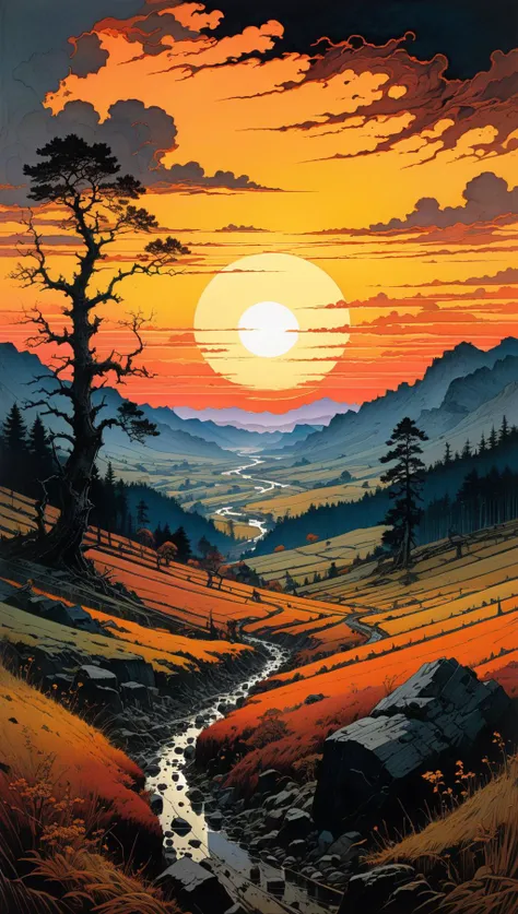 landscape, scary sunset" by kim jung gi, caspar david friedrich :: layered composition, complex composition, magnificent masterpiece, stunning, deep bright colours, intricate line-work, fear, noir<lora:xl_more_art-full_v1:0.5>