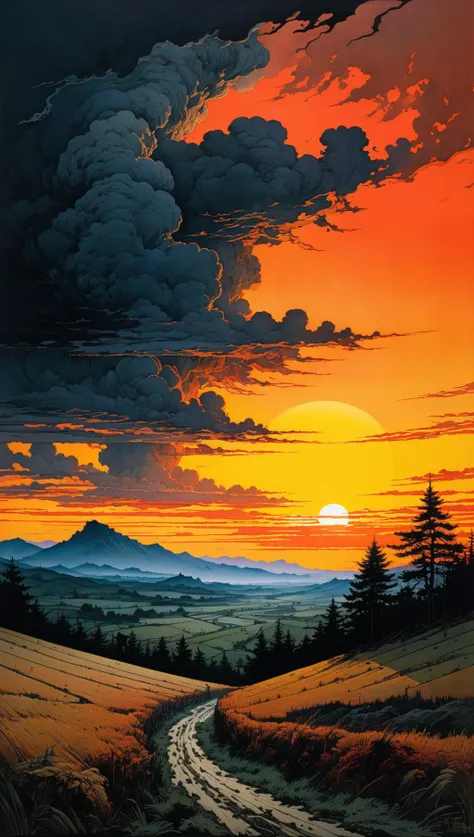 landscape, scary sunset" by kim jung gi, caspar david friedrich :: layered composition, complex composition, magnificent masterpiece, stunning, deep bright colours, intricate line-work, fear, noir<lora:xl_more_art-full_v1:0.5>