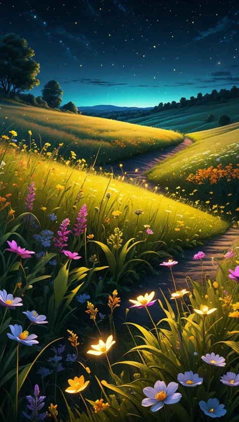 night, grassland with flowers, small hill in the distance, quiet, no person, firefly, ultra hd, realistic, vivid colors, highly detailed, UHD drawing, pen and ink, perfect composition, beautiful detailed intricate insanely detailed octane render trending on artstation, 8k artistic photography, photorealistic concept art, soft natural volumetric cinematic perfect light<lora:xl_more_art-full_v1:0.5>