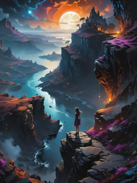 (best quality, masterpiece, highest detail, highest quality, 8K Ultra HD, highly detailed, intricate),
1girl on cliff, dark atmosphere, agartha, high contrast, dark ambiance
, otherworldly, surreal landscape, vibrant colors, <lora:xl_more_art-full_v1:0.5>