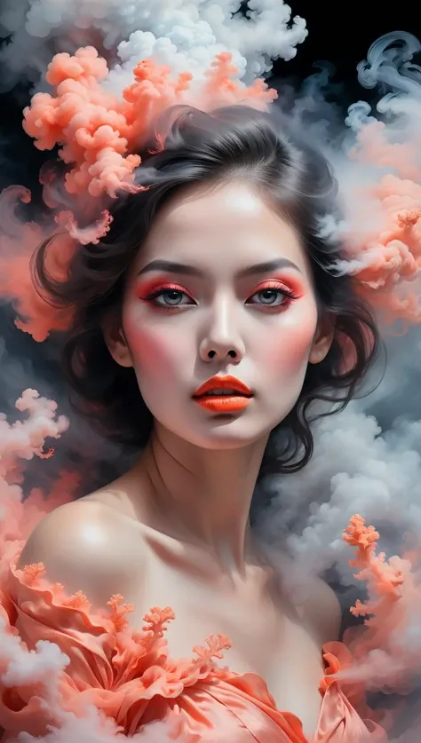 portrait of a woman covered in cloud of smoke, whirlwind, coral highlight colors, coral make-up, hints of pastel, misty, seductive, sultry, breathtaking, oil painting style, artistic, aesthetic modern art, hyper-realism<lora:xl_more_art-full_v1:0.5>