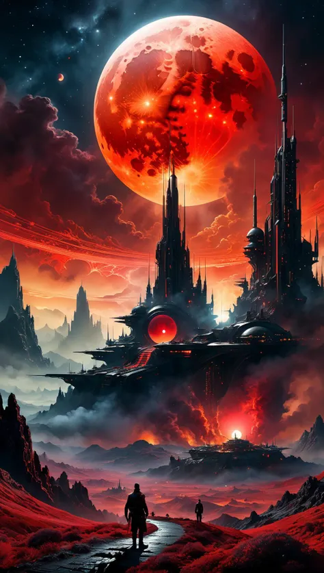 ultra high resolution, Perfectly composed, crisp, award-winning, alcohol ink embossed image of a highly detailed science fiction landscape, breathtaking attention to detail. elaborately designed background of a night starry sky with a red moon, gothic illustration, detailed, complicated details, Ultra HD 32k, otherworldly, mystical, Fantasy, complex background, dynamic lighting, marc simonetti, cinematic, 4k, epic Steven Spielberg movie still, sharp focus, emitting diodes, smoke, artillery, sparks, racks, system unit, motherboard, by pascal blanche rutkowski repin artstation hyperrealism painting concept art of detailed character design matte painting, 4 k resolution blade runner<lora:xl_more_art-full_v1:0.5>