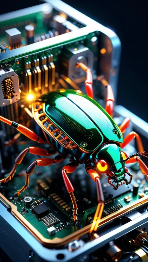 A bug made of electronic components, inside a computer case, eating computer components, with sparks and led lights., ultra hd, realistic, vivid colors, highly detailed, UHD drawing, pen and ink, perfect composition, beautiful detailed intricate insanely detailed octane render trending on artstation, 8k artistic photography, photorealistic concept art, soft natural volumetric cinematic perfect light<lora:xl_more_art-full_v1:0.5>