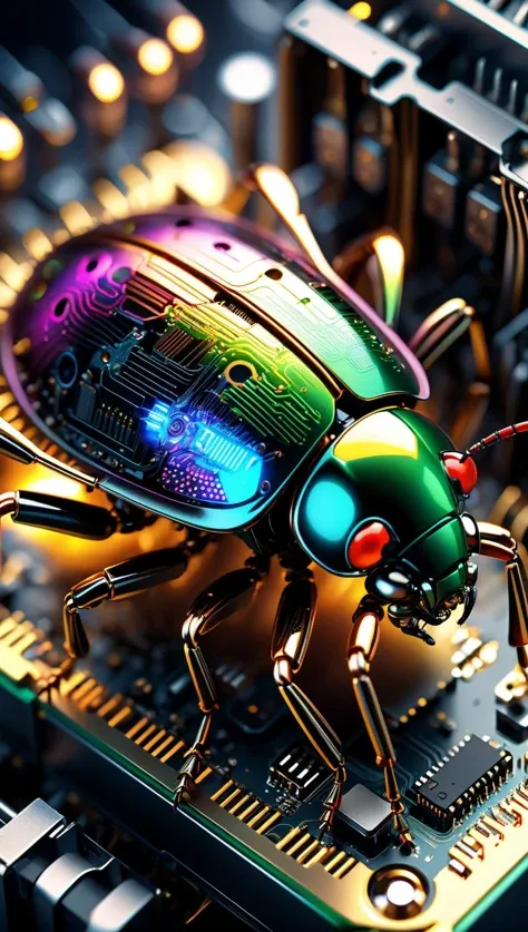 A bug made of electronic components, inside a computer case, eating computer components, with sparks and led lights., ultra hd, realistic, vivid colors, highly detailed, UHD drawing, pen and ink, perfect composition, beautiful detailed intricate insanely detailed octane render trending on artstation, 8k artistic photography, photorealistic concept art, soft natural volumetric cinematic perfect light<lora:xl_more_art-full_v1:0.5>
