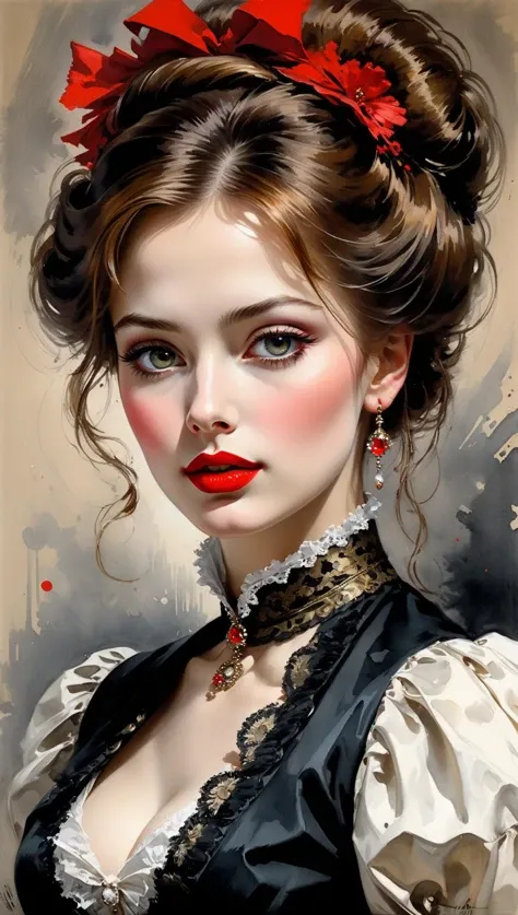 victorian era hungarian female xix century female, hazel hair, red lips, pretty features, Wadim Kashin, James Gurney, Ink, splash art", amazing beauty , Royo, Bak, hyperdetailed Splash artmodern European ink painting<lora:xl_more_art-full_v1:0.5>