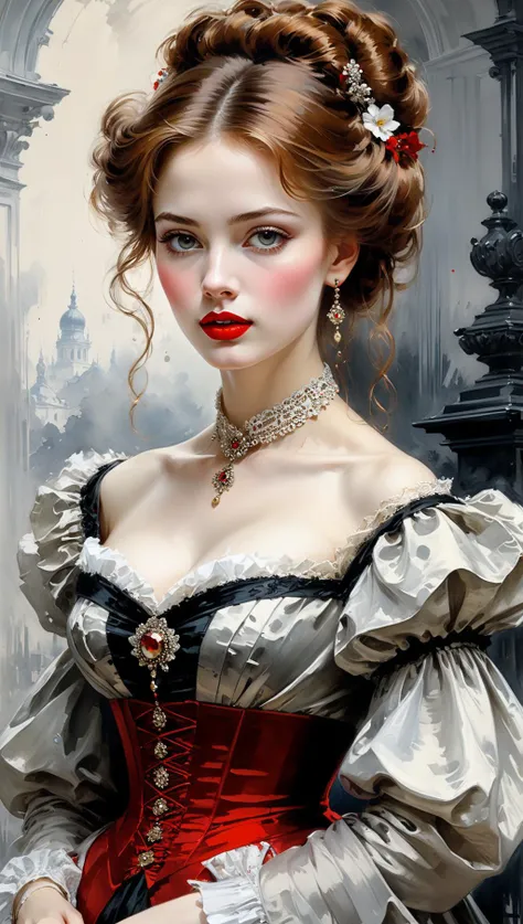 victorian era hungarian female xix century female, hazel hair, red lips, pretty features, Wadim Kashin, James Gurney, Ink, splash art", amazing beauty , Royo, Bak, hyperdetailed Splash artmodern European ink painting<lora:xl_more_art-full_v1:0.5>