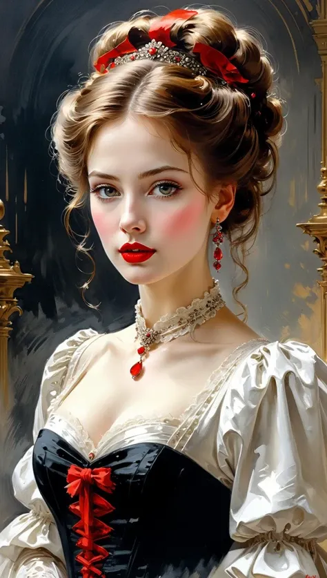 victorian era hungarian female xix century female, hazel hair, red lips, pretty features, Wadim Kashin, James Gurney, Ink, splash art", amazing beauty , Royo, Bak, hyperdetailed Splash artmodern European ink painting<lora:xl_more_art-full_v1:0.5>