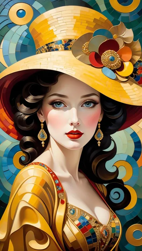 Fine Art, Oil painting, thick brushstokes, an elegant lady lost in her dreams, inspired by [Gustav Klimt | Vincent van Gogh | Pablo Picasso | Gil Elvgren], hat, captivating mosaic wall, swirls, Triadic colors, Art Nouveau, Byzantine Mosaics, gold accents, Elegance, Sophistication, Classy, highly refined, Stylish, complex background, Timeless, Luxury, Subtle, Graceful, High-end, intricate patterns, sensual forms, intricate textures, dramatic lighting, emotional depth, dehazed, perfect cohesive composition<lora:xl_more_art-full_v1:0.5>