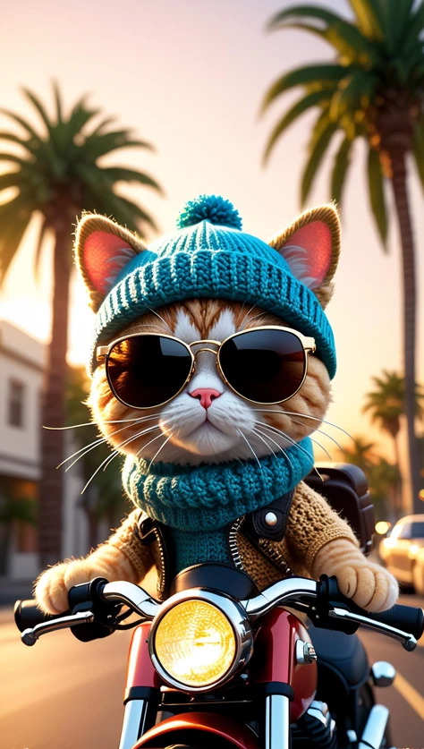 A closeup photorealistic photograph of a knitted cute cat made of crochet wearing stylish sunglasses and dressed in a beanie cap and riding on a motorcycle in hollywood at sundown. palm trees in the background. this 4k hd image is trending on artstation, featured on behance, well-rendered, extra crisp, features intricate detail and the style of unreal engine.<lora:xl_more_art-full_v1:0.5>