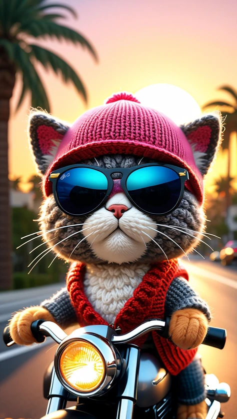 A closeup photorealistic photograph of a knitted cute cat made of crochet wearing stylish sunglasses and dressed in a beanie cap and riding on a motorcycle in hollywood at sundown. palm trees in the background. this 4k hd image is trending on artstation, featured on behance, well-rendered, extra crisp, features intricate detail and the style of unreal engine.<lora:xl_more_art-full_v1:0.5>