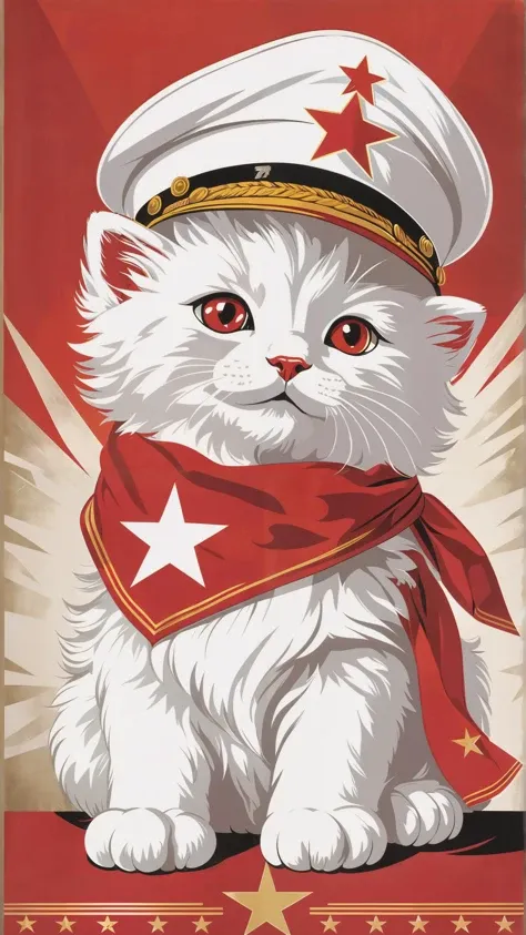 (masterpiece, best quality, highres:1.2), a propaganda poster of a sitting fluffy white kitten with a red bandana and wearing a military cap with a single star symbol on it, in the style of a soviet propaganda poster