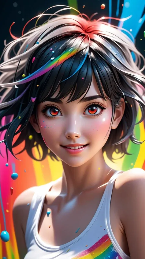 cinematic photo crazy insane, high energy, magic, hyper realistic, detailed and realistic portrait of a woman, cartoon style, round eyes and short messy hair shot outside, wearing a white t shirt, skin texture, chapped lips, soft natural lighting, portrait photography, 85mm lens, magical photography, dramatic lighting, photo realism, ultra-detailed, intimate portrait composition, front light, (open mouth), smiling, atletic small waist, (((masterpiece))), ((best quality)), (((8k photography)), ((hands on face)), (elegant, beauty), ((blushed)), ((beautiful light gray eyes)), ((sexy goth girl, pure delicate innocent face)) and (smooth detailed face), (((hyper realistic))), ((black hair))), (blunt bangs), (symmetrical legs), symmetrical perfect body, sharp focus, (volumetric lighting), intricate details, rainbow paint, a girl made entirely out of rainbow paint, entirely paint, 1girl, (intricate details, hyperdetailed:1.15), gorgeous lighting, rainbow, paint splatter, splashes, very rainbow, very colorful, neon, paint drops, rainbow paint background, colorful background, ((high detailed skin, 8k uhd, dslr, soft lighting, high quality, film grain, Fujifilm XT3, HD, Sharp)) (canon 50mm) intricate details photorealistic . 35mm photograph, bokeh, professional, 4k, highly detailed, A glitched-out (anime girl:1.3) dances across the screen, her movements and form constantly shifting and (deconstructing:1.2), embodying the dynamic essence of (breakcore:1.2), dynamic essence:1.1, cute red cheeks