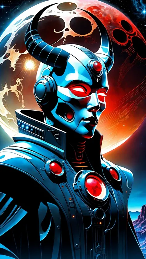 A portrait of a demon cyborg ghost, a mask, cinematic, melancholy, dynamic lighting, dark background, ultra high resolution, Perfectly composed, crisp, award-winning, alcohol ink embossed image of a highly detailed science fiction landscape, breathtaking attention to detail. elaborately designed background of a night starry sky with a red moon, gothic illustration, detailed, complicated details, Ultra HD 32k, otherworldly, mystical, Fantasy, complex background, dynamic lighting, marc simonetti, cinematic, 4k, epic Steven Spielberg movie still, sharp focus, emitting diodes, smoke, artillery, sparks, racks, system unit, motherboard, by pascal blanche rutkowski repin artstation hyperrealism painting concept art of detailed character design matte painting, 4 k resolution blade runner