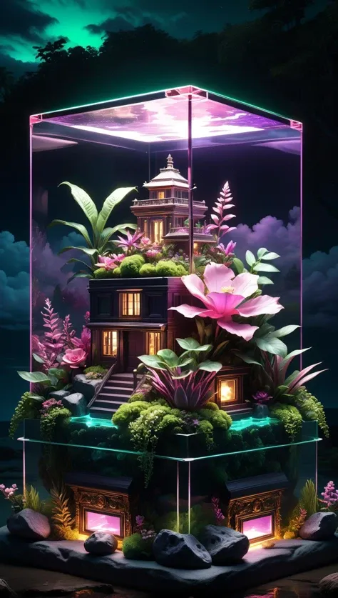 Witness the grandeur of a square box made of glass, pink purple and green plants are inside the box, water and a small ship is also inside the box, box is placed on a rock, trees and flowers, clouds on the sky, intricate details, hyperrealistic photography, 8k, neon lights, nighttime, ultra dark theme<lora:xl_more_art-full_v1:0.5>