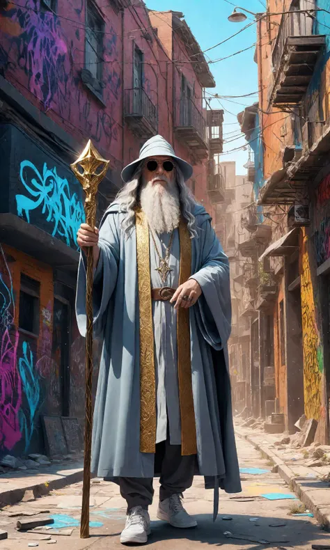 Gandalf from Lord of the Rings as a crazy hip hop hood rapper with rocker:sunglasses and gold chains around his neck is posing in the ghetto, grafitti art, full body, stylish wizard hat, wielding staff, multi colored robe, nike shoes, Tranquil Relaxing Atmosphere, cinematic scene, hero view, beautiful 8k, high quality, absurdres, calming style, soothing colors, peaceful, idealic,  shattered glass effect, (best quality, masterpiece:1.2), volumetric lighting, (masterpiece, best quality), intricate details, 8k, artstation, wallpaper, official art, sharp focus, futurism, impressionist, detailed, majestic, breathtaking, enticing, disturbing, fascinating, (magnetic:1.2)  <lora:add-detail-xl:4>