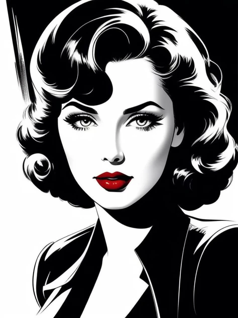 film noir style, ink sketch|vector, woman, red lips, highly detailed, sharp focus, ultra sharpness, monochrome, high contrast, dramatic shadows, 1940s style, mysterious, cinematic