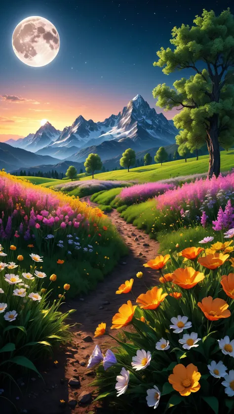 open field night view, everything is lit by soft glow of the moon, mountain scapes can be seen in the distance, flowers glowing in the moonlight, trees can be seen all around the canvas, ultra hd, realistic, vivid colors, highly detailed, UHD drawing, pen and ink, perfect composition, beautiful detailed intricate insanely detailed octane render trending on artstation, 8k artistic photography, photorealistic concept art, soft natural volumetric cinematic perfect light<lora:xl_more_art-full_v1:0.5>