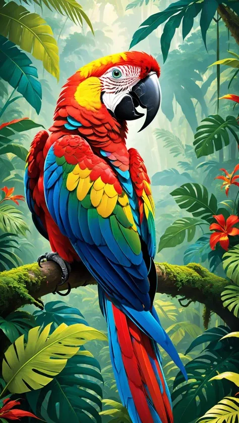 Imagine a dense Brazilian tropical rainforest where sunlight filters through the lush green canopy. Amidst the vibrant foliage, a macaw with dazzling plumage takes center stage. Its feathers are a mosaic of stunning blues, reds, and yellows, creating an explosion of color in the natural landscape. Its curious eyes survey the surroundings as it prepares to take flight, vividly standing out against the lush green backdrop of the forest. This image captures the true essence of the macaw, majestic and vibrant in its tropical habitat<lora:xl_more_art-full_v1:0.5>