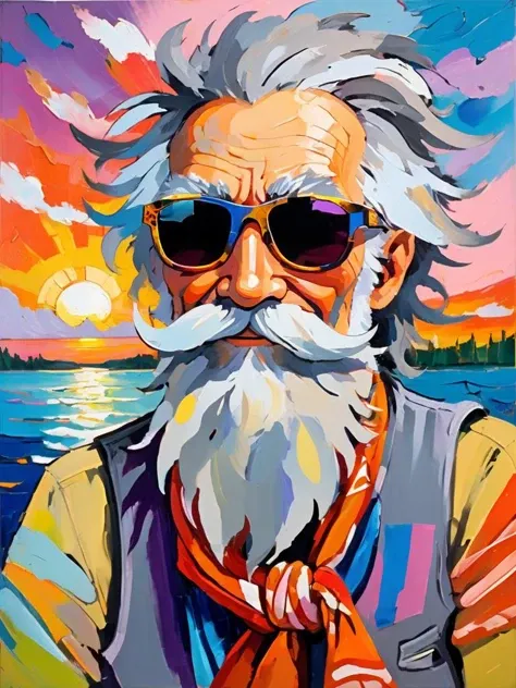 abstract expressionist painting, an old, shaggy, bearded rocker relaxed, gray-haired, sunglasses, bandana on the head, enjoying the sunset, in the boat, on a lake a new dawn is on the horizon,the clouds,energetic brushwork, bold colors, abstract forms, expressive, emotional
