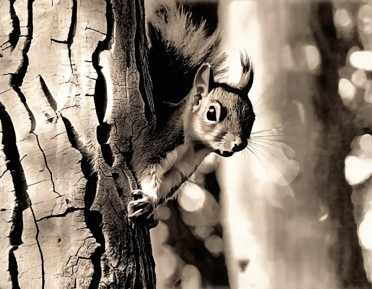 smartphone photo closeup of squirrel that is eating a nut on an old bark tree imperfect photogram , noisy, amateur made