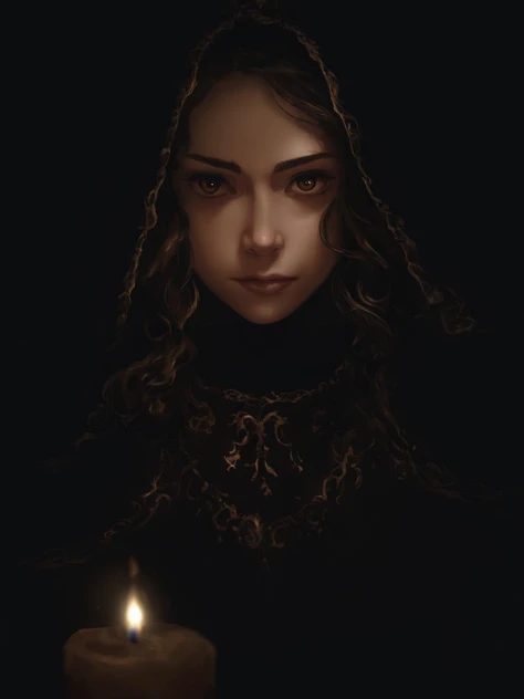 from above, georgian woman, (dark room:1.5) backdrop, (dark theme, low key, dark moody), low intensity candle light, (hard shadows:1.3), brown eyes, delicate filigree hood, (looking down:1.1), front view, black background